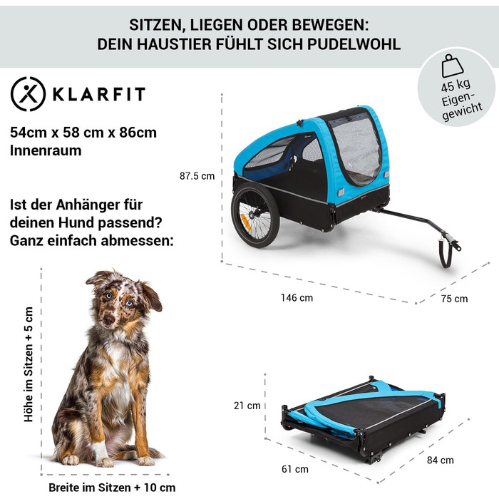 Фарм-причіп Klarfit Husky City для собак, блакитний. З підвіскою, світловідбивачами та невеликим кошиком.