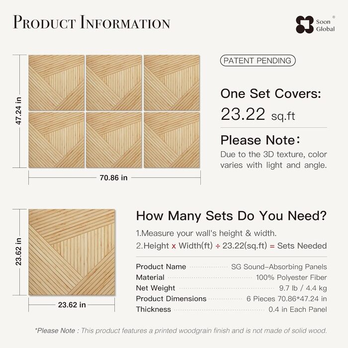 Акустичні настінні панелі Soon Global для звукоізоляції, декоративні поглинаючі панелі з дерева, 121,9 x 81,3 см, колір Блакитно-зелена аура