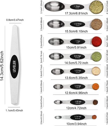 Magnetic Measuring Spoon Set, Stainless Steel with Leveler, 9-Piece, Stackable, Metal, Measuring Spoons for Baking, Measuring Cups and Spoons, Kitchen Gadgets, Home Accessories, Fits in Spice Jars