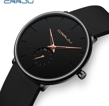 Годинник чоловічий CRRJU з силіконовим ремінцем, ультратонкий, водостійкий, мінімалістичний, спортивний, кварцовий (чорний рожевий, чорний)