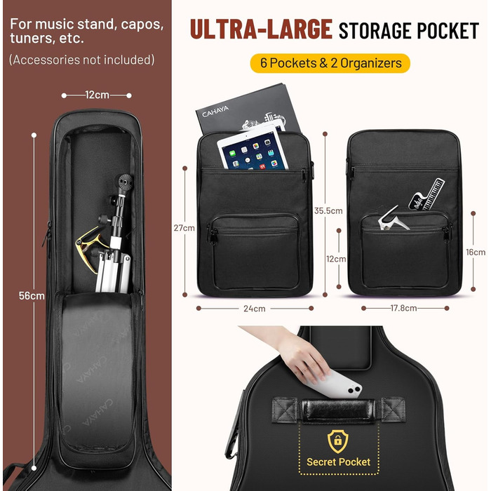 Чохол для гітари Gig Bag Cahaya: водонепроникний, з кишенями для аксесуарів та підставка для нот, 40/41 дюйм