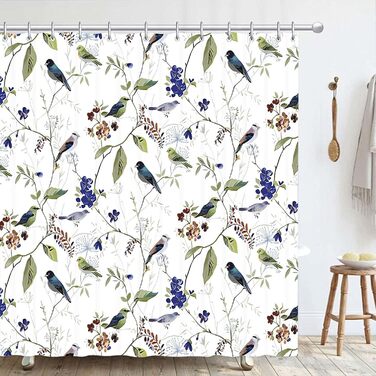Штора для душу 180x180 см з квітами, антигрибкова, водонепроникна, швидковисихаюча, поліестер, з 12 кільцями (пташки)