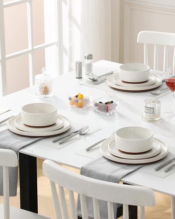 Набір посуду MALACASA з каменю (18 предметів) для 6 осіб, керамічний сервіз з глазур'ю 'сезам', білий з коричневим дном, набір тарілок та мисок