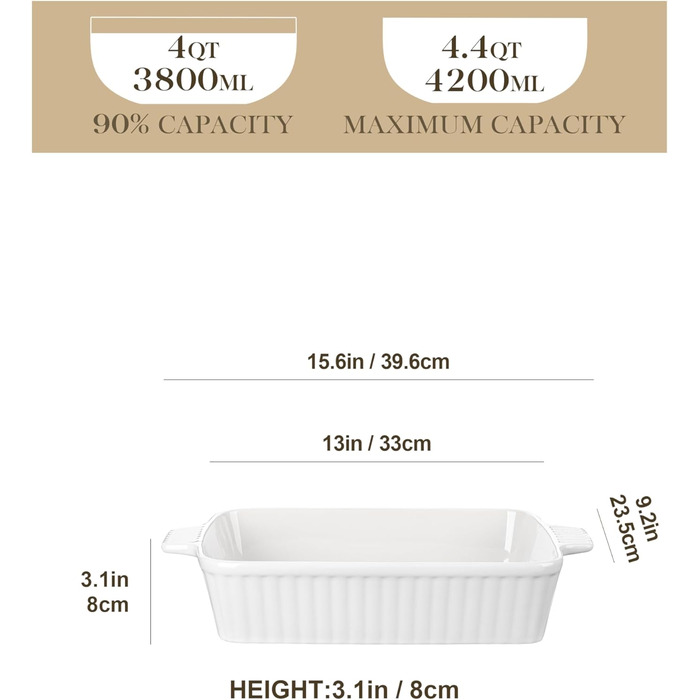 Керамічна форма для запікання MALACASA Bake.Bake 39,6 см, 4,2 л, біла, для лазаньї, тірамісу, запіканок, прямокутна, на 4-6 осіб