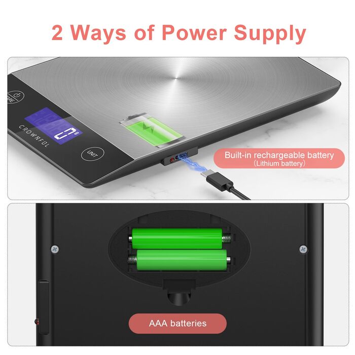 Кухонні ваги CROWNFUL з підзарядкою, до 15 кг, цифровий дисплей LCD, нержавіюча сталь 304, для приготування їжі та випічки