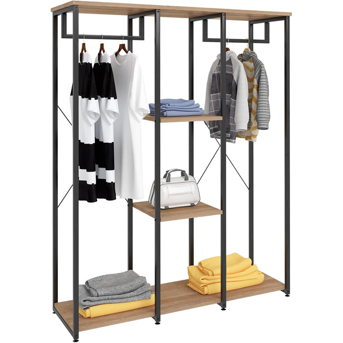 Clothes Rack Coat Rack, Open Wardrobe for Bedroom, Laundry Rack Hanging Shelf with Storage, Wood Steel, Black+Light Oak