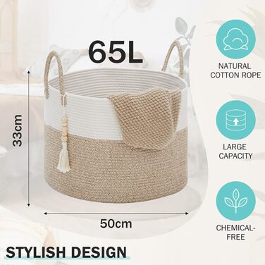 YOUDENOVA Woven Laundry Basket Large 65L Basket Storage Basket Blanket Toy Basket for Living Room Children's Room Storage Basket Laundry Collector 50x33 Brown
