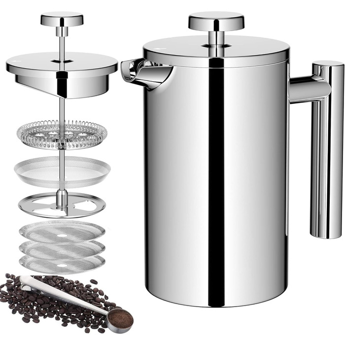 Френч-прес для кави, 600 мл, нержавіюча сталь, з 3-рівневою фільтрацією, подвійні стінки, з ложкою, сріблястий