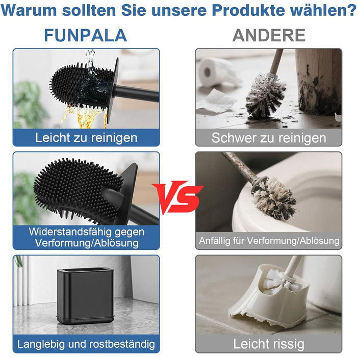 Набір для чищення унітазу FUNPALA з нержавіючої сталі та силікону, 2 насадки, тримач, чорний