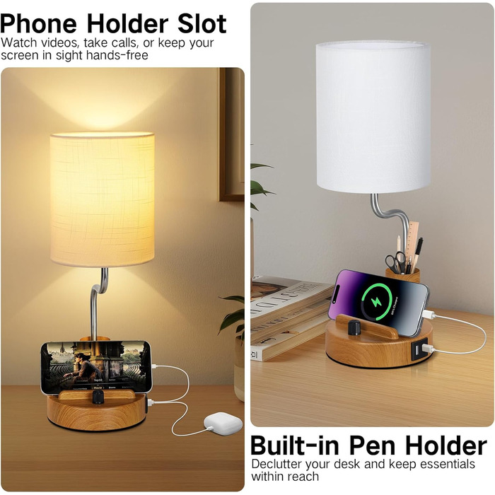 Настільна лампа LED OUTON 2 шт. з USB-A та USB-C, торшери для спальні, вітальні, офісу, з тримачем для телефону та ручок, кераміка, тепле світло 2700K