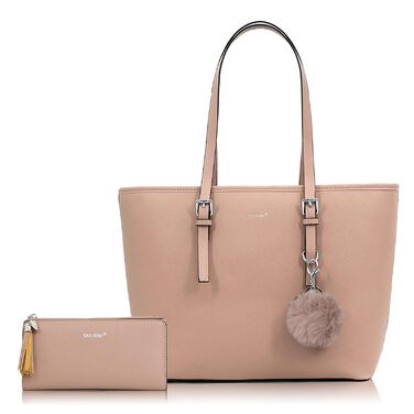 Сумка жіноча TANTOMI з гаманцем, велика, для офісу, школи, шопінгу, рожева з китицею та помпоном з штучного хутра