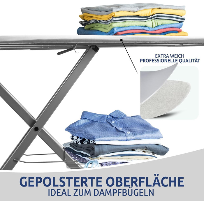 Сталевий XXL-Bügelbrett від STAHLMANN® для парогенераторів [130x48 поверхня для прасування] – стабільний стіл для прасування з покриттям [100% бавовна], Made in EU