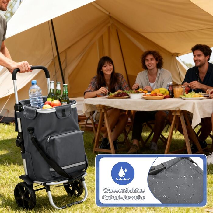 Складаний візок для покупок Sekey 60L з алюмінію, 3-в-1, з кулерним та відділенням для напоїв, для покупок та кемпінгу (сірий)