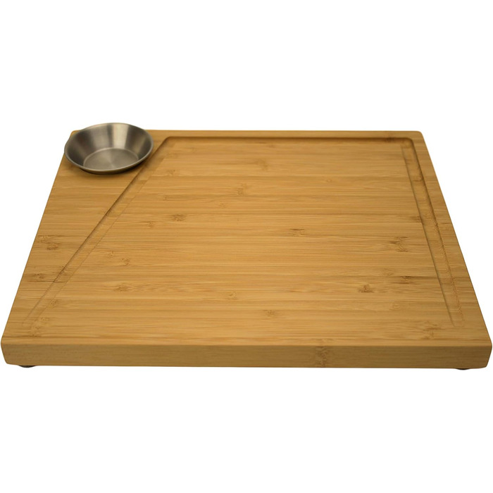 Bamboo Steak Board 2-Piece Set with Stainless Steel Sauce Containers and Juice Groove, Professional Wooden Serving Board for Meat, with 4 Non-Slip Feet, Dimensions: 30 x 25 x 3 cm