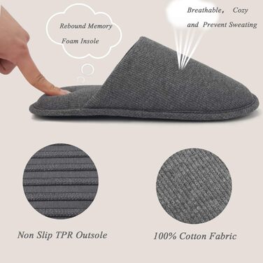 Чоловічі халапи Оfoot з бавовни, зручні домашні тапочки, Memory Foam, плоскі, можна прати, Slip-on, для дому (41/42 EU, Темно-сірий)