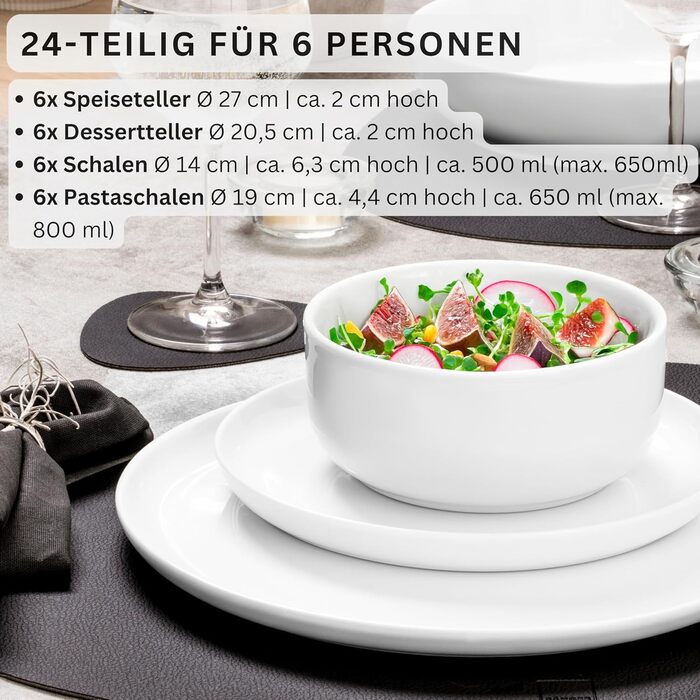Набір посуду SÄNGER Marlo: 24 елементи, білий, для 6 осіб. Тарілки для десерту, обідні тарілки, миски, тарілки для мюслі з порцеляни. Сучасний дизайн, PREMIUM COLLECTION
