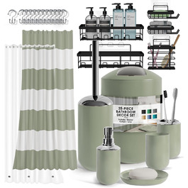 Набір аксесуарів для ванної кімнати Clara Clark – 25 предметів, салатовий колір. Включає: полицю для душу, шторку для душу, щітку для унітазу, смітник.