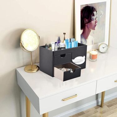 Tissue Box Linen with Drawers, Square Cosmetic Tissue Box with Magnetic Closure, Tissue Box with Side Pocket for Cell Phones, Cosmetic Brushes, Remote Controls, Office Supplies, Perfumes (Black)