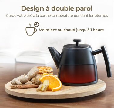 Teapot | Stainless Steel 1L | Teapot with Infuser | Stainless Steel Teapot | Stove for Teapot | Teapot with Stove | Tea Maker | Double-Walled (Black)