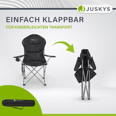Крісло для кемпінгу Juskys Lido складне з підстаканником, бічною кишенею та сумкою для перенесення - зручне крісло для відпочинку на природі з підлокітниками та спинкою - 4 кольори (чорний)