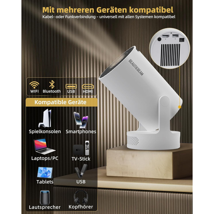 Beautiebeam Beamer: Міні проектор 4K з підтримкою 1080P, Android 11, Bluetooth 5.0, Wi-Fi 6, Автоматична корекція трапеції, для дому та на відкритому повітрі