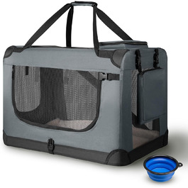 Juskys Collapsible Dog Carrier Box - Portable Travel Crate for Dogs, Cats & Pets - Oxford Fabric, Includes Blanket, Pouch & Handles - Grey, 50x34x36 cm