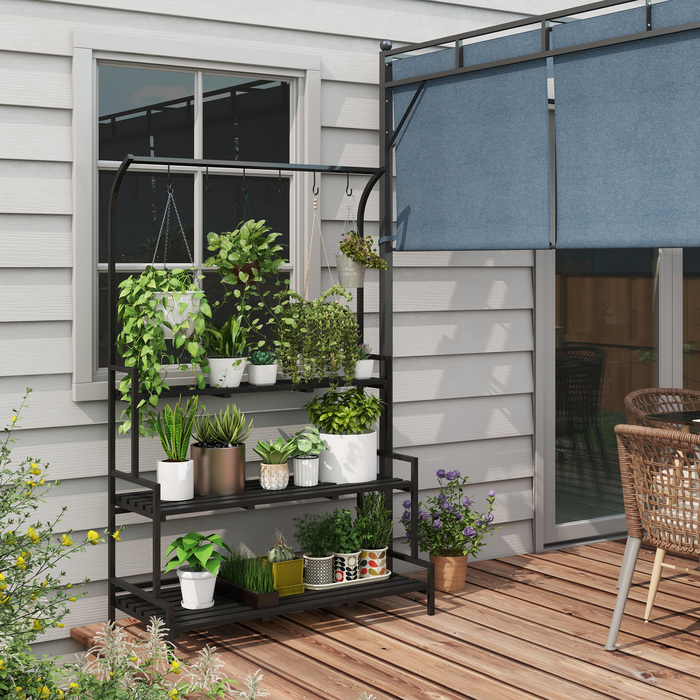 Outsunny 3-Tier Plant Stand Flower Stand with 6 Hooks, Black Steel Plant Ladder, 110x50x170cm for Garden and Balcony