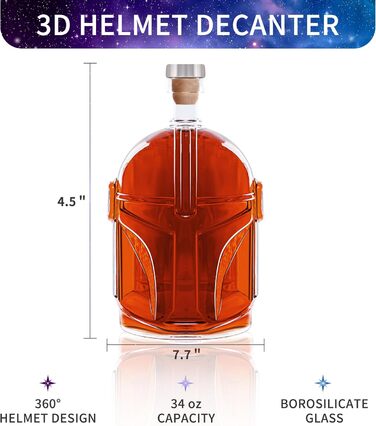 Набір для віскі DecantEmotion: декантер у формі шолома та 2 келихи для бурбону, скотчу, лікеру. Чудовий подарунок для чоловіків та жінок. Скляний декантер з кришталю блатого кольору, набір барменських інструментів (1 декантер + 2 келихи + аксесуари)