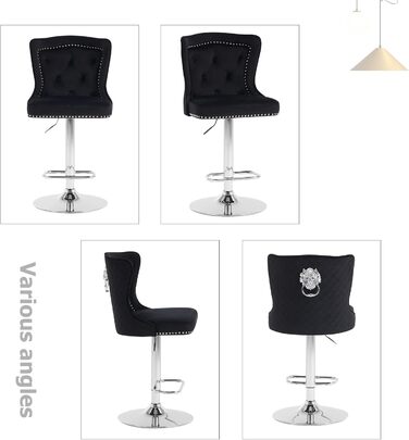KHISCHMO Velvet Bar Stools 2-Pack - Modern Adjustable Kitchen Counter Barstools with Lion Paw Pulls - 360° Swivel, Black