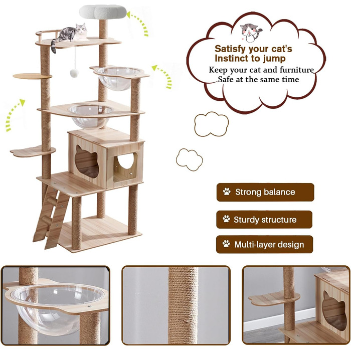 Кігтеточка для котів Katzenbaum 170 см з 2 будиночками, драбиною, іграшками та платформ з джуту (макс. вага 30 кг)