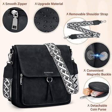 Сумка жіноча RAINSMORE через плече середнього розміру, шкіряна PU, чорна. Кросбоді сумка з широким ременем