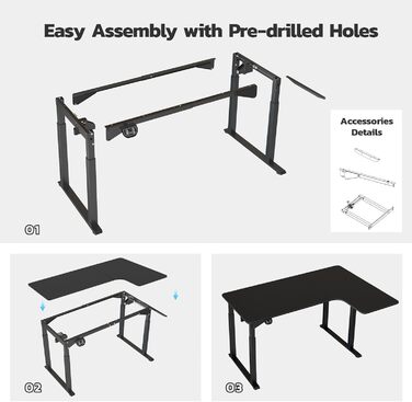 Electric Standing Desk L-Shape 180x110cm - Adjustable Height Desk with Dual Motor - Black Corner Desk with Spliced Board
