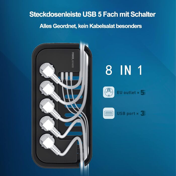 Многорозеткова смуга з кабельною коробкою, захист від перенапруги, 5 розеток, 3 USB, органайзер для столу, 29.5 x 14 x 14 см, кабель 2 м (5 м, чорний)