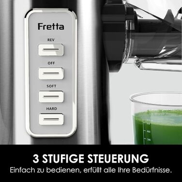 Електричний соковитискач Fretta Slow Juicer з нержавіючої сталі, 200W, Cold Press, велика завантажувальна горловина 76 мм, висока сафровидача, легке очищення, без BPA