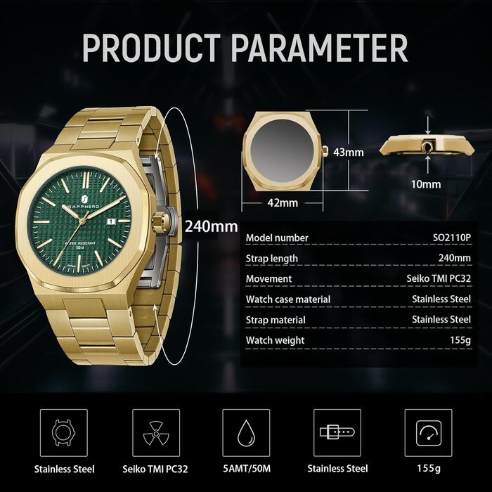 Годинник SAPPHERO для чоловіків: класичні кварцові годинники з нержавіючої сталі, водостійкі 50M, з календарем, зелене циферблат, золотий браслет. Елегантний подарунок для чоловіків.