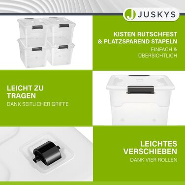 JUSKYS Storage Box with Lid - Set of 4 Plastic Boxes 45L - Large Box, Stackable, Transparent - Storage Organization System Storage Boxes