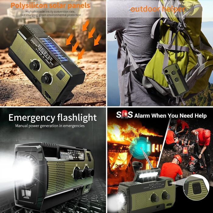 Радіо на сонячній енергії Notfall-Solar Radio з ручним ку́рком, LED-ліхтарик, SOS-сигнал, AM/FM, акумулятор 4000mAh, зарядка смартфона, зелений