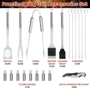 Набір гриля AWOOM 20 предметів: шампури, щипці, лопатка, щітка | З гриль-кофром | Для барбекю, кемпінгу та вечірок