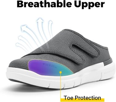 Домашні тапочки FitVille для чоловіків, широкі з кріпленням на липучці, реабілітаційне взуття (48 EU, сірий)