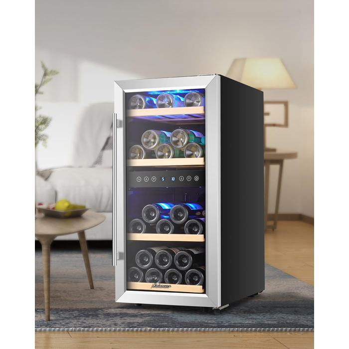 Kalamera 33-Bottle Wine Refrigerator with Dual Zone Cooling, Stainless Steel Door, 100 Liter Capacity