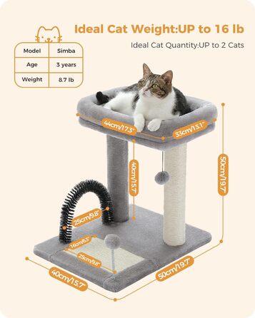 PETEPELA Small Scratching Post 51cm with Sisal Scratching Column, Scratching Board, Scratching Pad, Play Ball, Plush Cave for Kittens, Grey