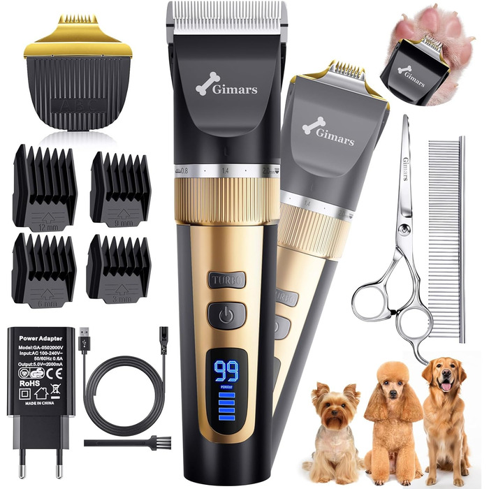 Набір для стрижки собак Gimars 4-в-1: машинка, тример, 7000 об/хв, тиха, USB, для щільного хутра, золотий