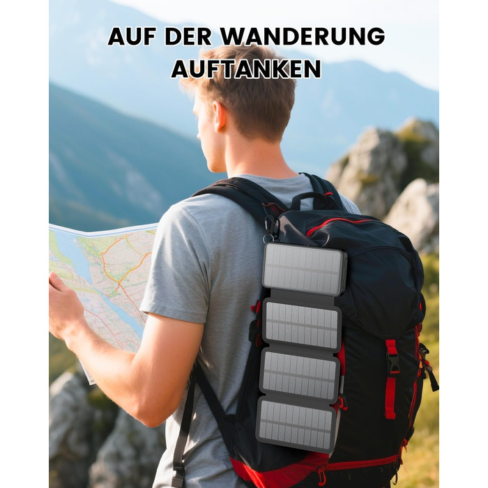 Power bank FEELLE 27000mAh з сонячною зарядкою та швидкою зарядкою 22.5W USB-C, чорний