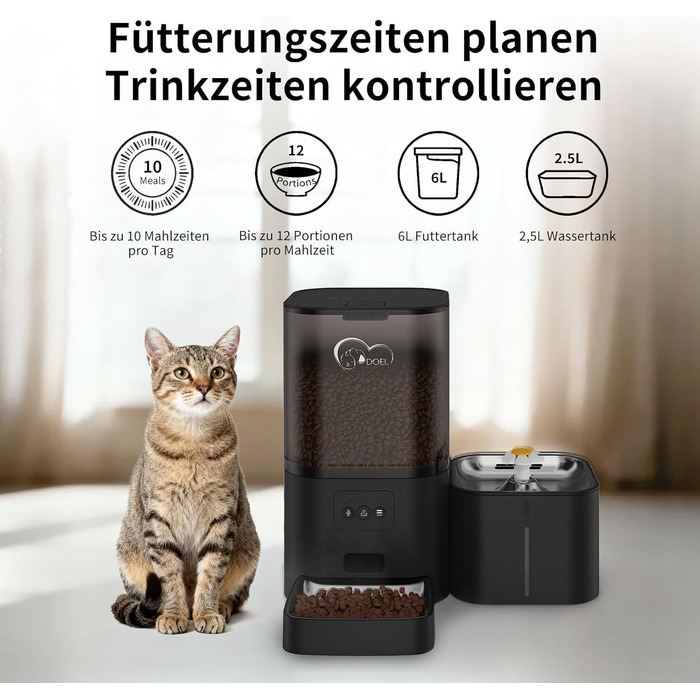 Автоматичний диспенсер корму та води для котів DOEL 2-в-1 з керуванням через додаток, голосовою підтримкою та таймером, 6л корму + 2.5л води