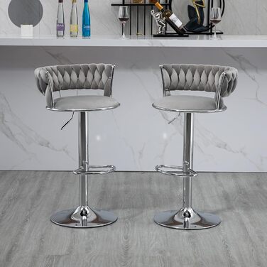 Adjustable Velvet Bar Stools 2-Pack with Backrest & Armrests - Ergonomic Swivel Bar Stools with Handwoven Velvet & Gold Legs for Kitchen Island, Bar, Restaurant - Includes Footrest (Silver, Grey)