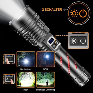 Ліхтар LED акумуляторний 1000000 люменів, тактичний ліхтар, 2 режими, регулювання яскравості, USB, для кемпінгу та надзвичайних ситуацій, чорний