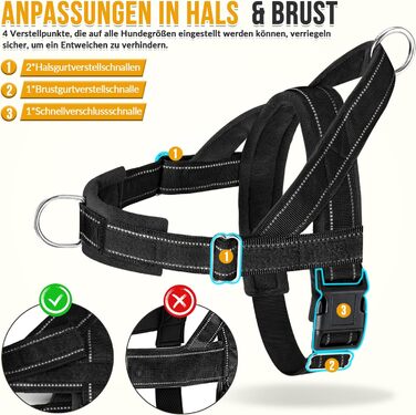 Нашийник для собак Eyein з повідком для великих та середніх собак, м'який, з 2 кліпсами для повідка, світловідбиваючий, легкий, анти-тяга, для прогулянок та тренувань, чорний, розмір L