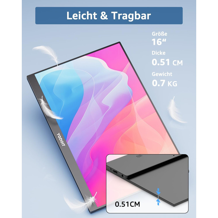 Портативний монітор Yodoit 16' FHD 1920x1200 IPS з USB-C, динаміками та Smart Cover (Чорний)