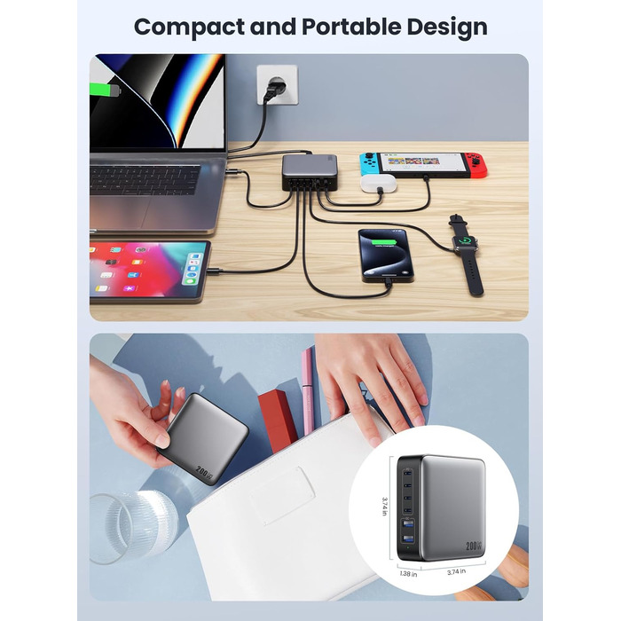 Мережевий адаптер USB-C на 6 портів 200W з GaN III Tech, PD+QC, з 4 USB-C та 2 USB-A, для ноутбуків та мобільних пристроїв (MacBook, iPad, iPhone, Samsung)