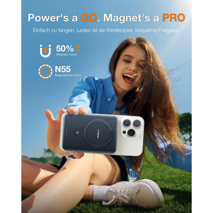 Портативний зарядний акумулятор TORRAS 5000mAh з MagSafe, USB-C, 22.5W PD, для iPhone 17 Pro Max та інших моделей, чорний